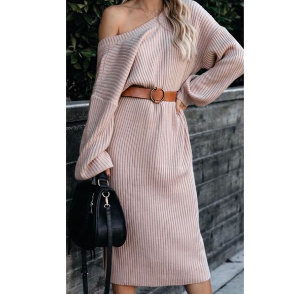 Vici Dresses & Skirts - Beige Midi Off Shoulder Sweater Dress